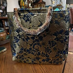 Blue & Gold Embroidered Bamboo Handle Handbag Tote